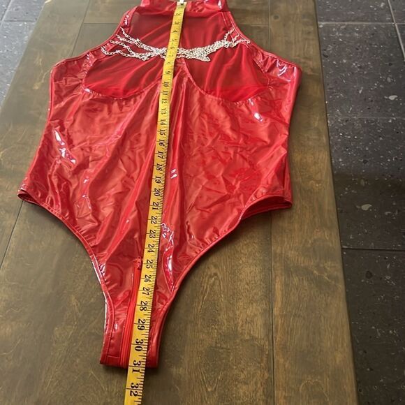 New Wet Look Patent Leather Red Bodysuit Zipper Catsuit Open Crotch Ling… - Picture 13 of 16